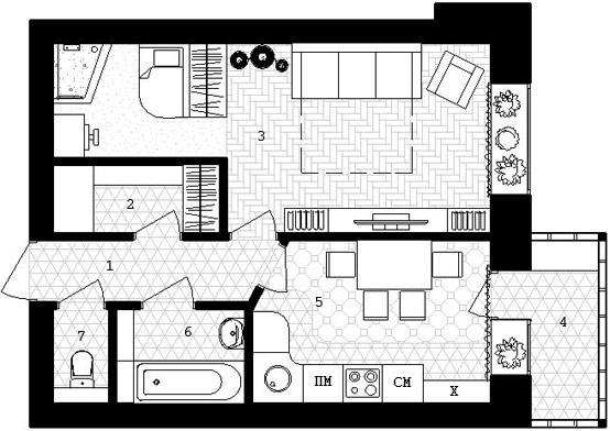 Идея перепланировки 1 комнатной квартиры c балконом - фото 2