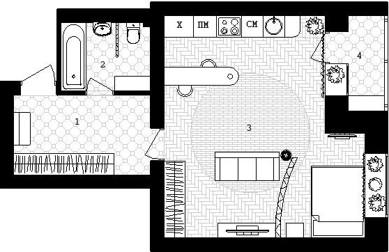 Идея перепланировки 1 комнатной квартиры общей площадью 46,7 кв.м. - фото 2